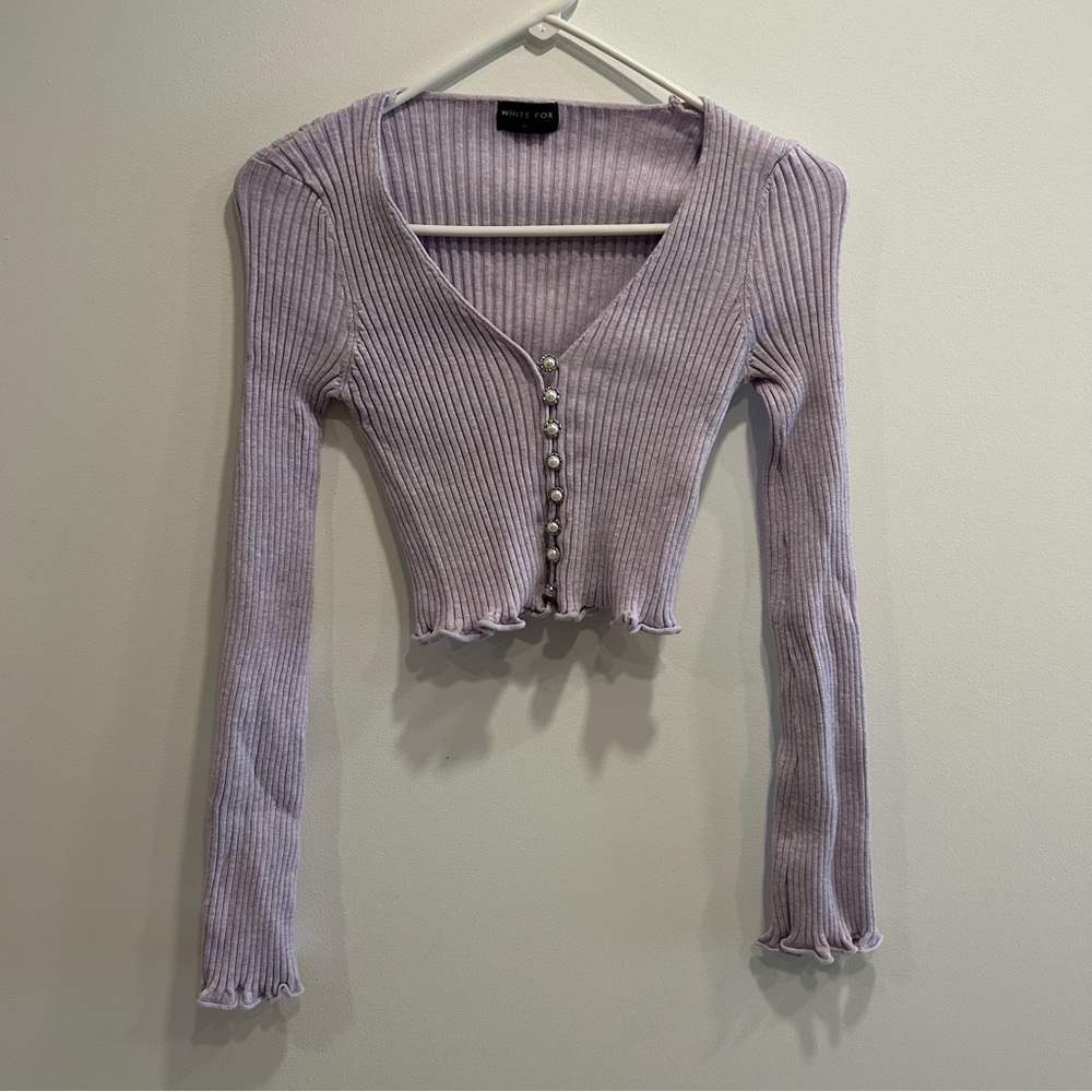 White Fox Ribbed Lavender Long Sleeve Top